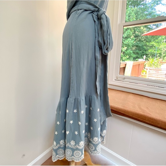 SECRET MISSION Anita Double Cotton Belted Midi Dress L Dusty Blue - Picture 5 of 8